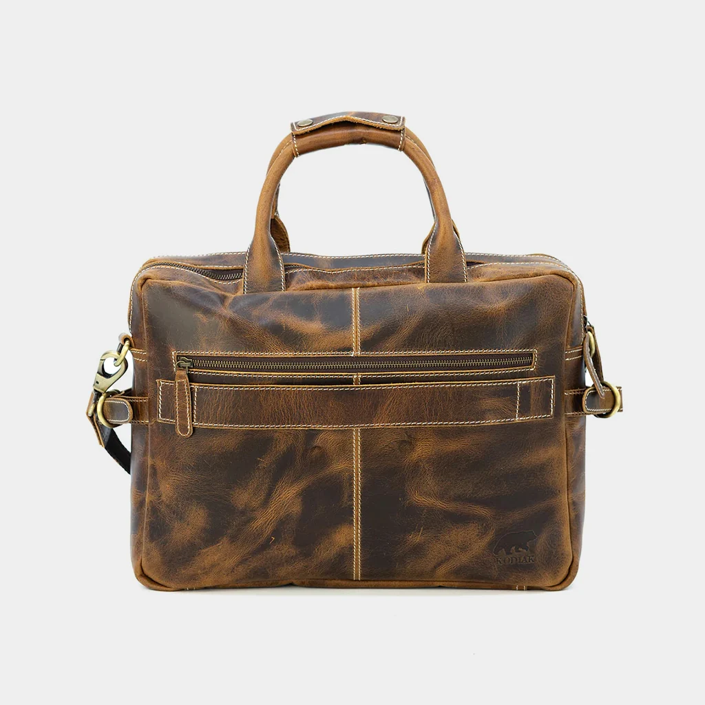 The Pilot leather briefcase in tan patina, rear view