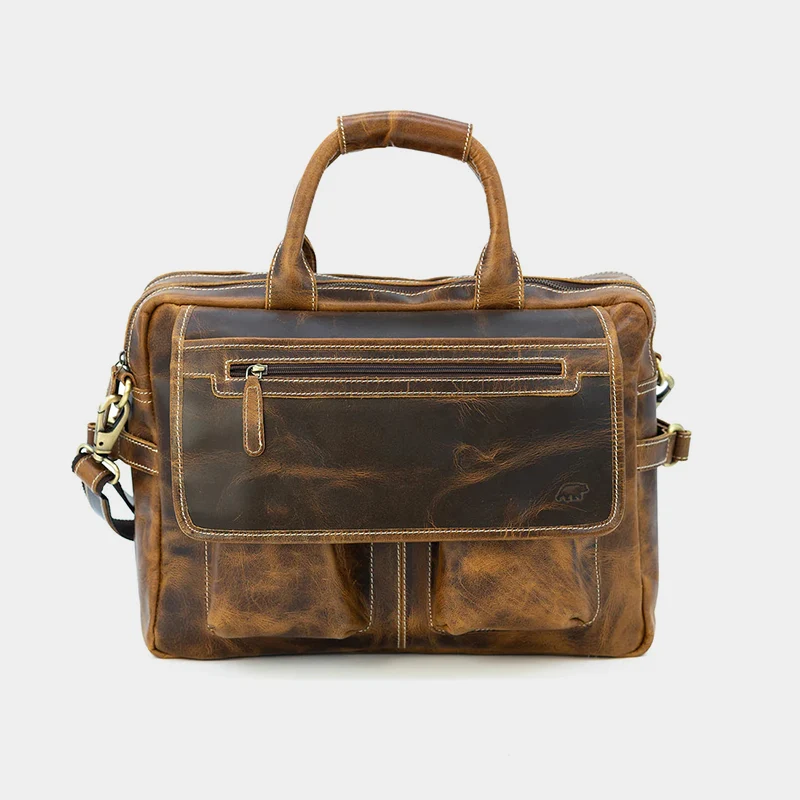 The Pilot leather briefcase front pocket detail