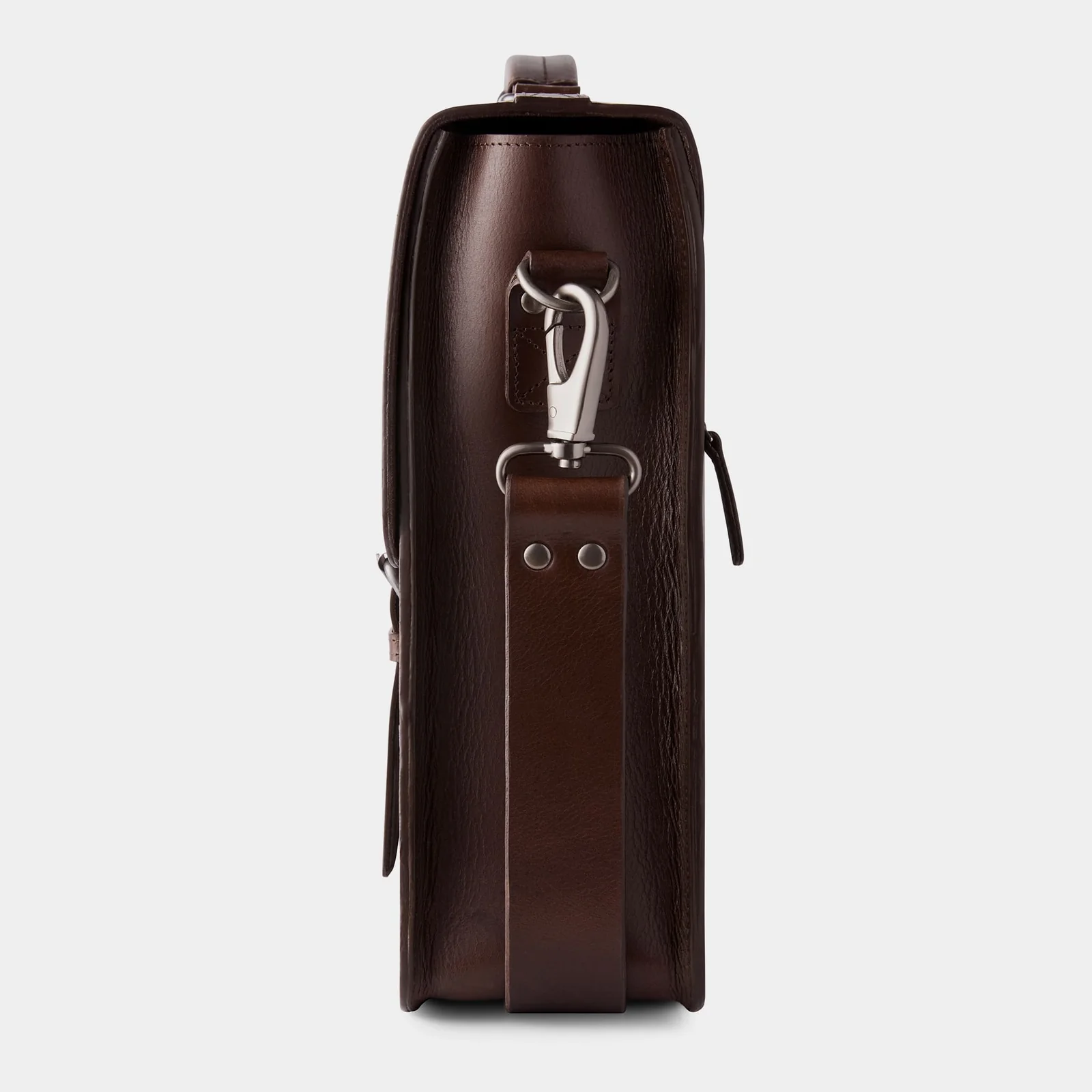 Side profile of The Heritage briefcase showing depth and clasp