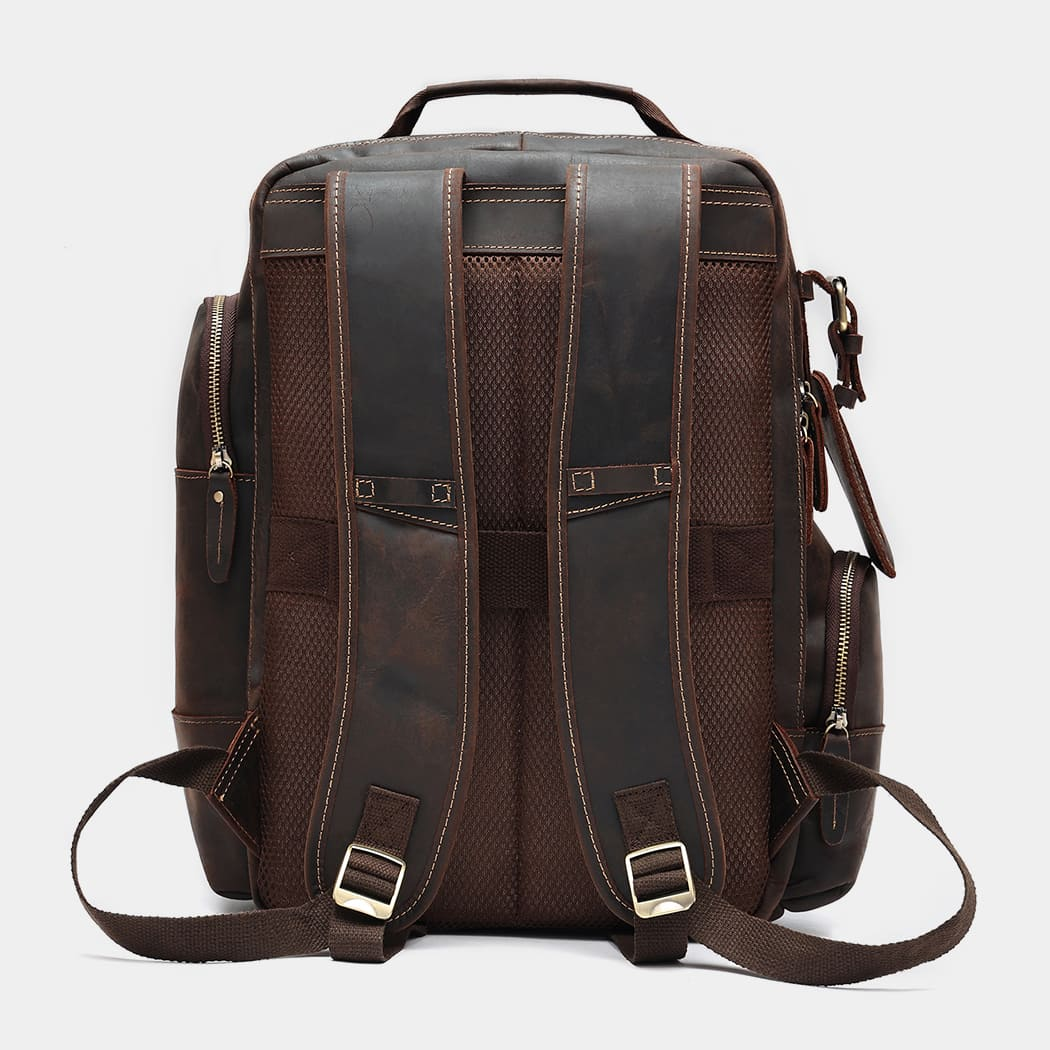 The Standard leather backpack rear view with padded mesh harness