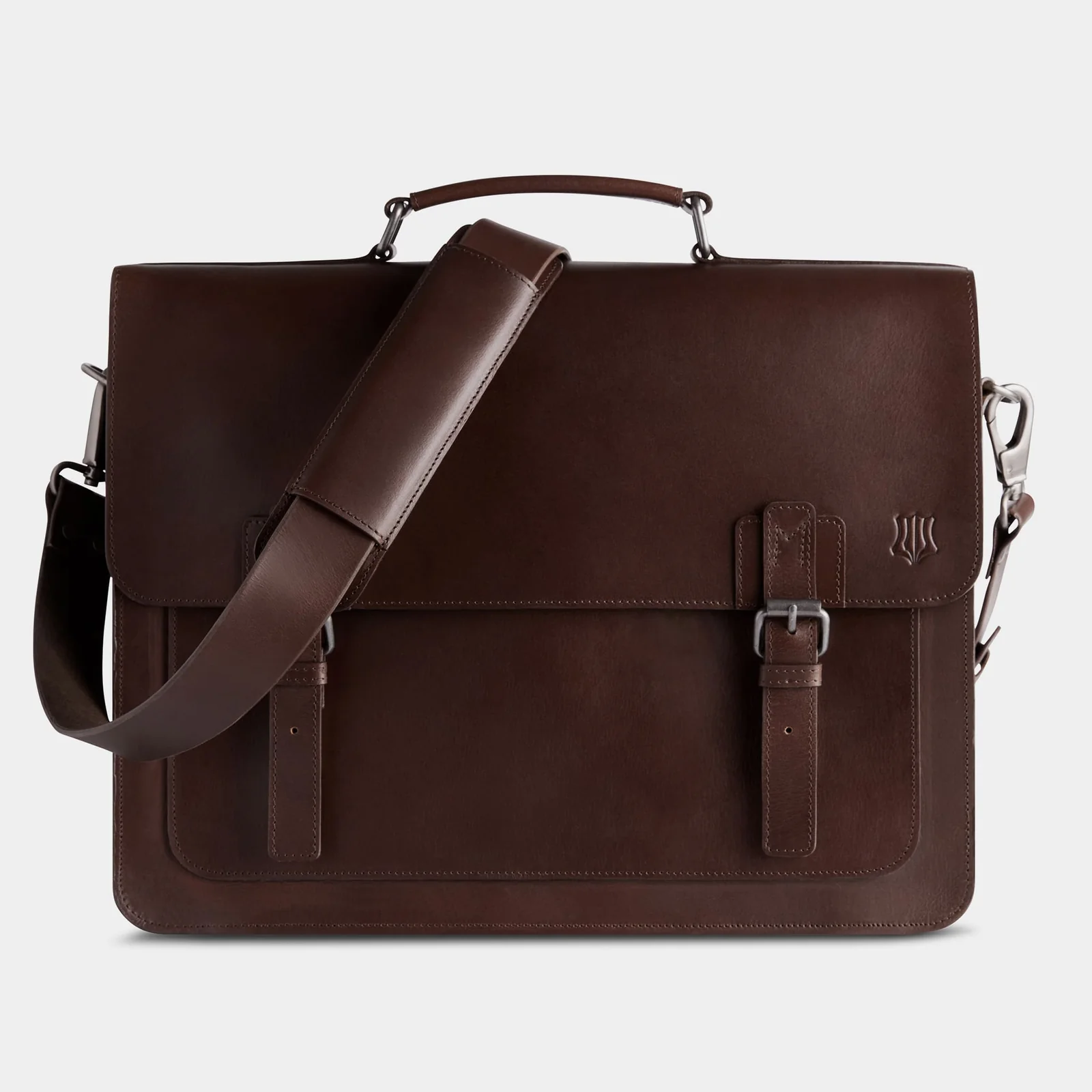 The Heritage briefcase with padded shoulder strap attached