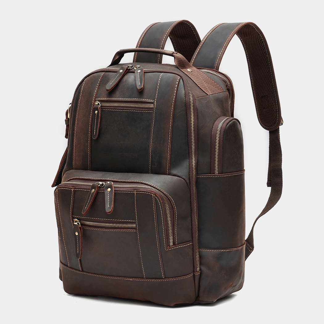 The Standard leather backpack at a three-quarter angle