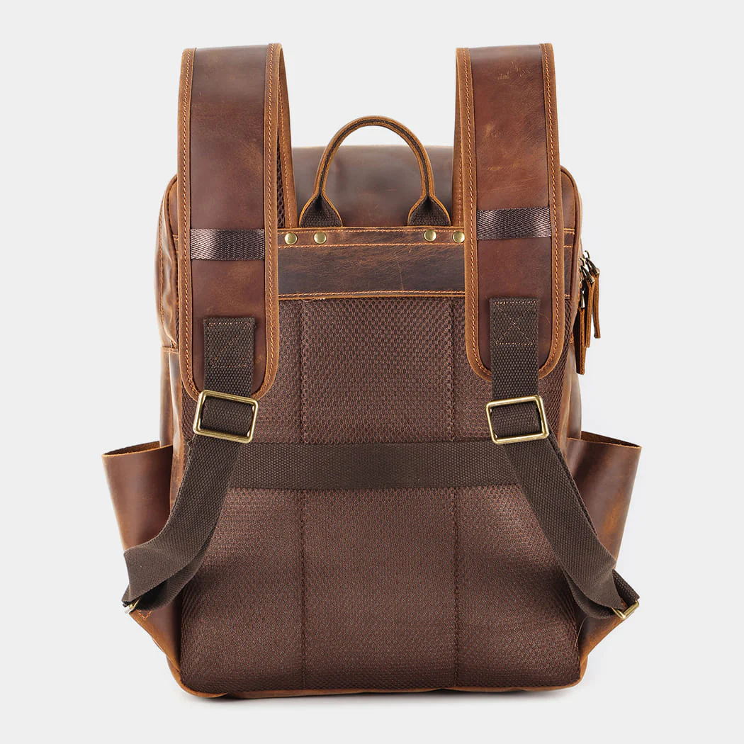 The Compact leather backpack rear view with mesh back panel