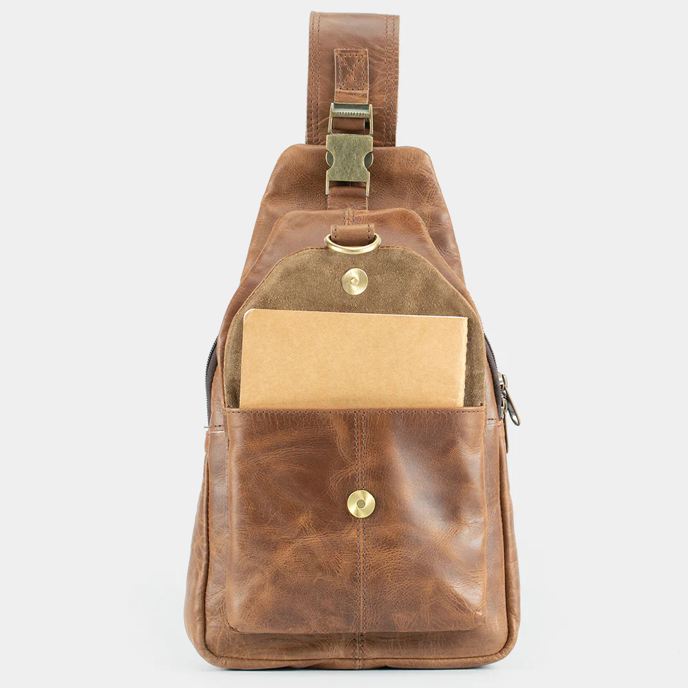 The Cross brown buffalo leather sling bag, front view