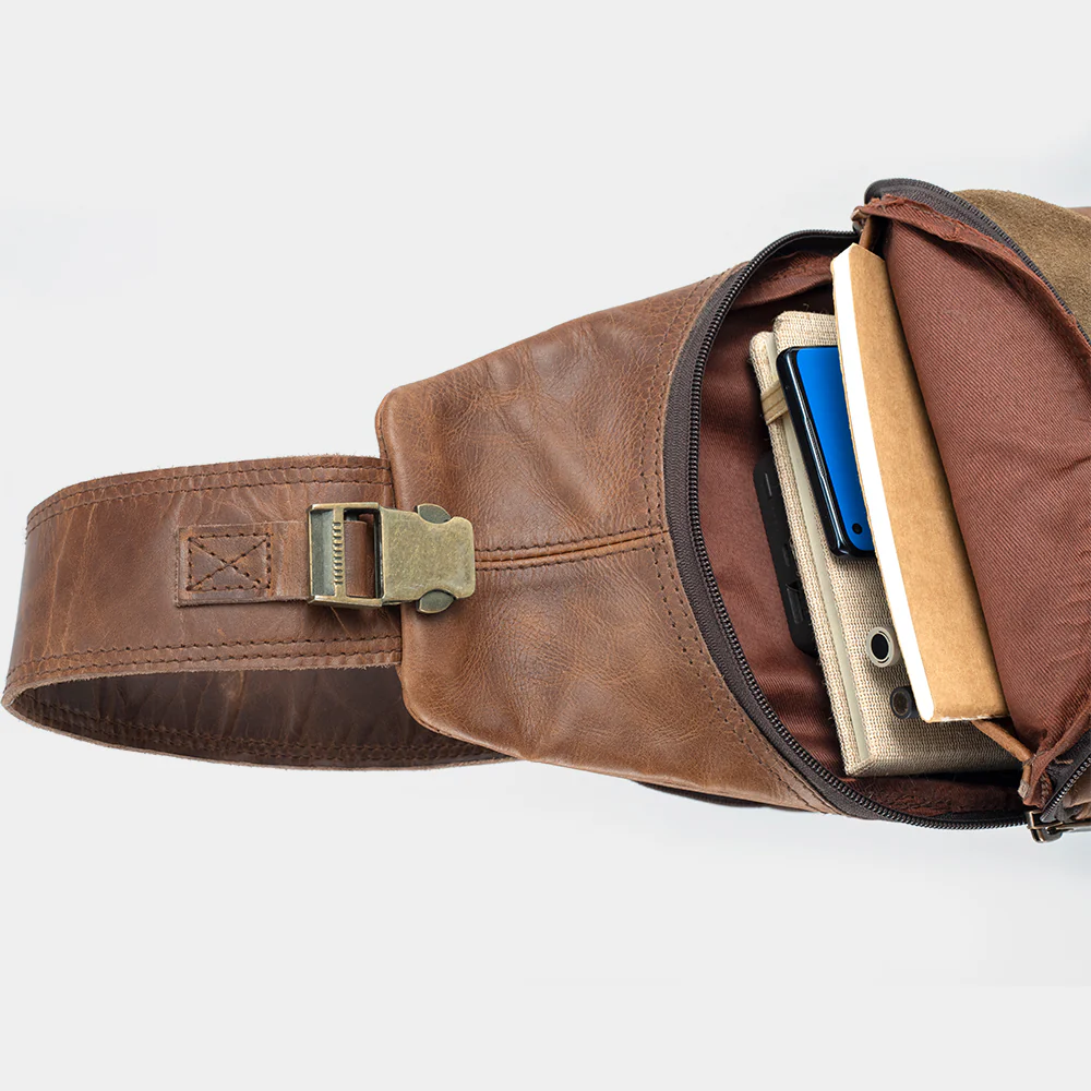 Close-up of The Cross brass quick-release buckle and strap