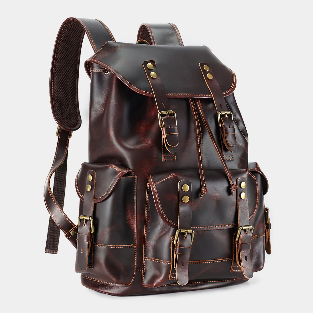 The Wax leather backpack, three-quarter view with straps
