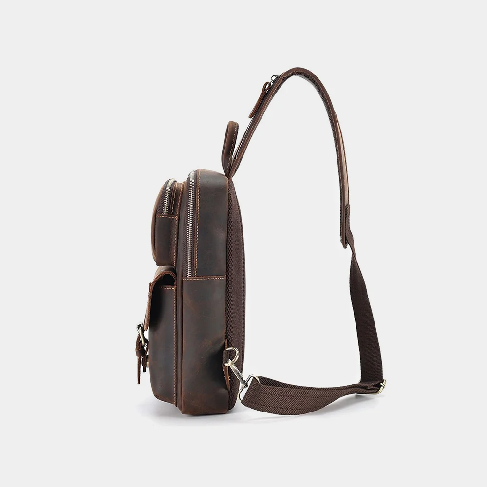 Side profile of The Obrysus leather sling bag