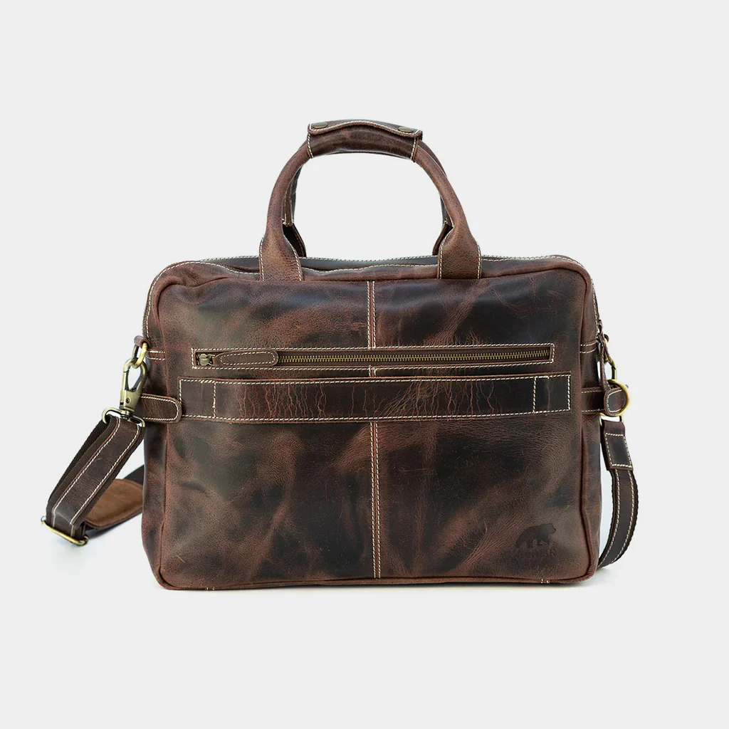 The Pilot leather briefcase rear view with zip pocket