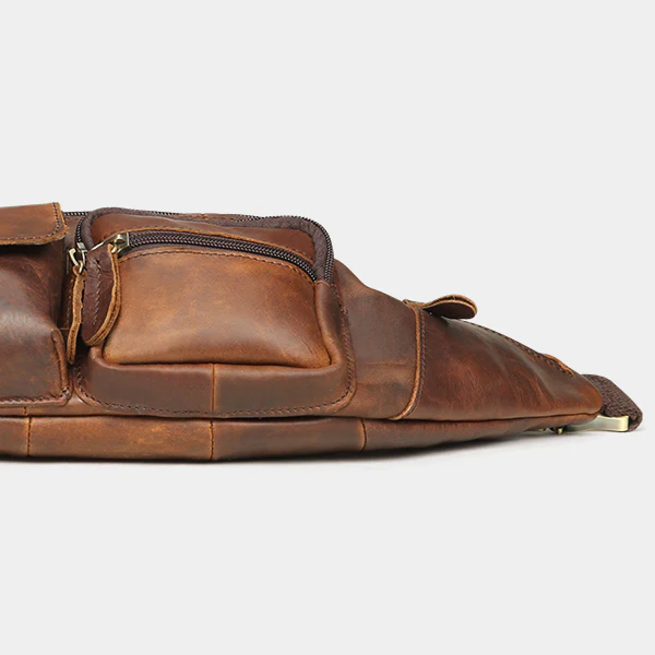 Close-up of The Fanny Pack leather grain and zip pocket