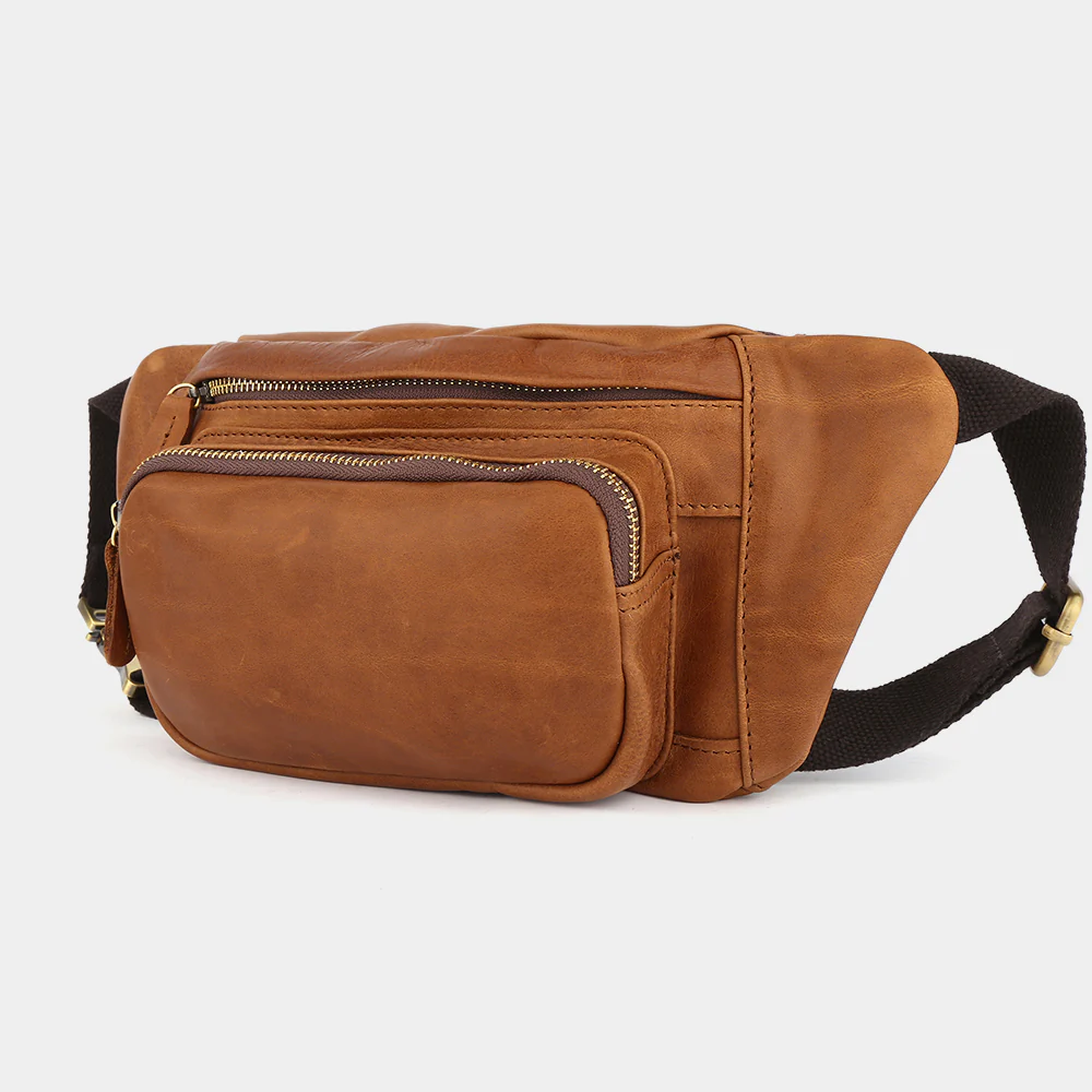 The Alpha tan leather fanny pack, three-quarter view