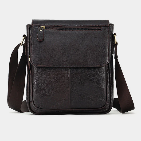The Calimero dark brown leather messenger crossbody bag, front view