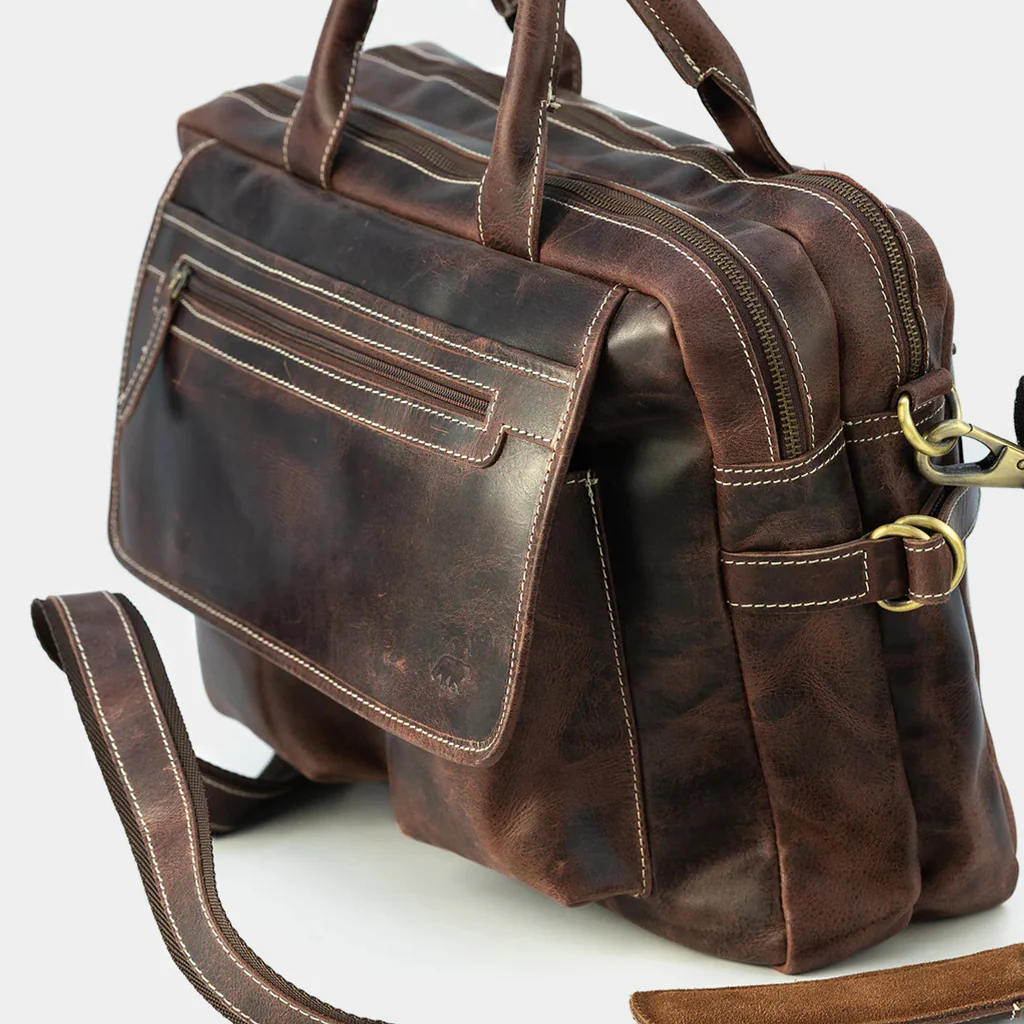 Close-up of The Pilot briefcase stitching and brass hardware
