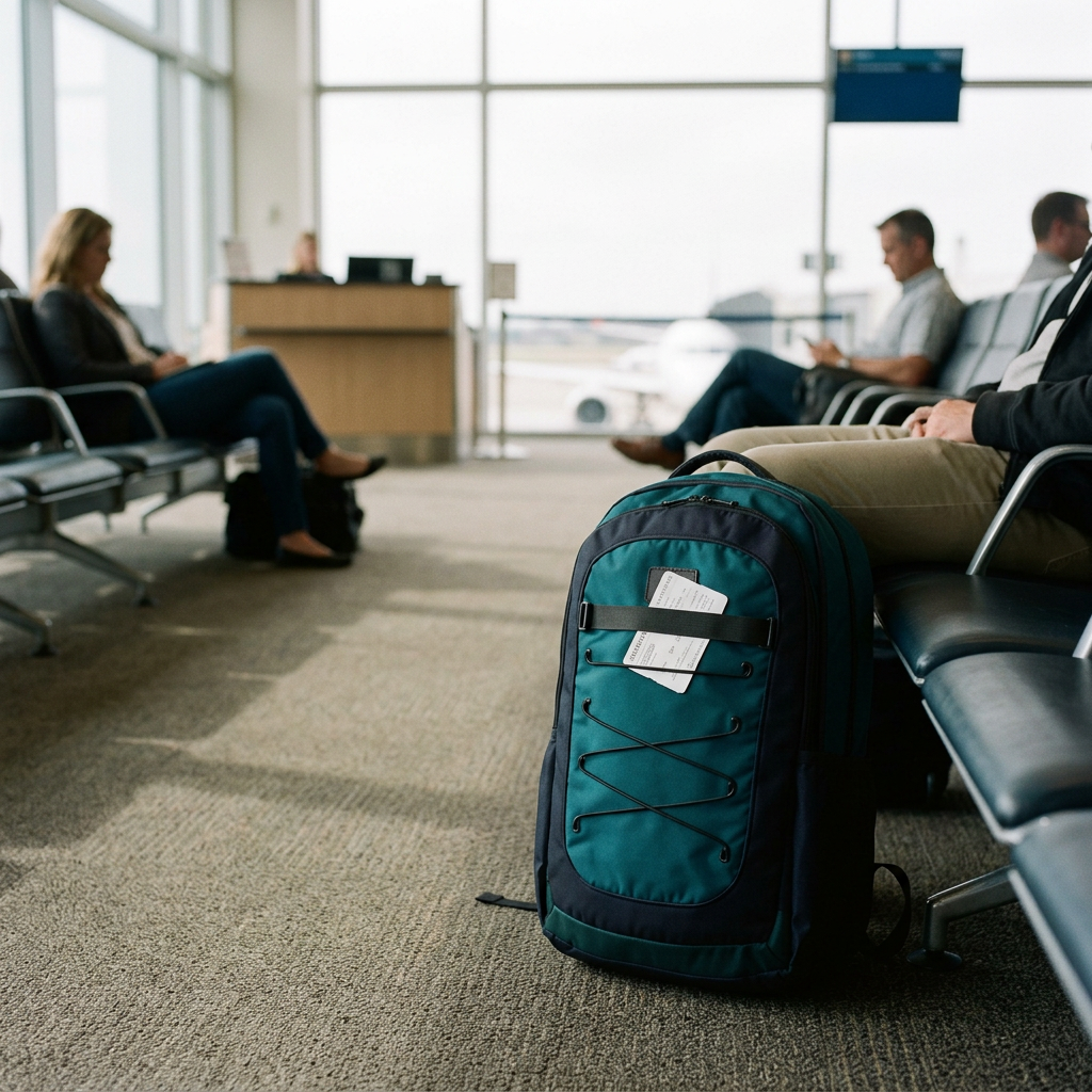 Voyager 40L teal and charcoal travel backpack in use while traveling