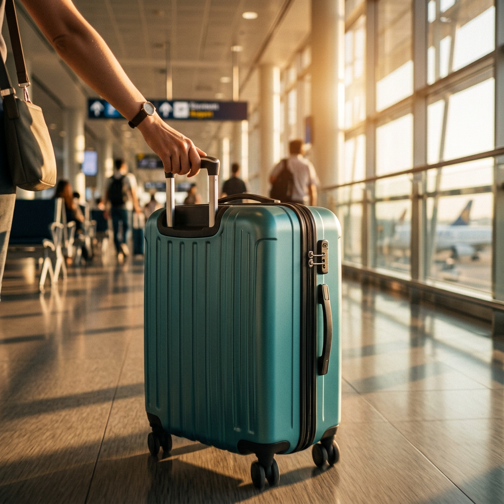 Meridian teal hardshell cabin spinner carry-on suitcase in use while traveling
