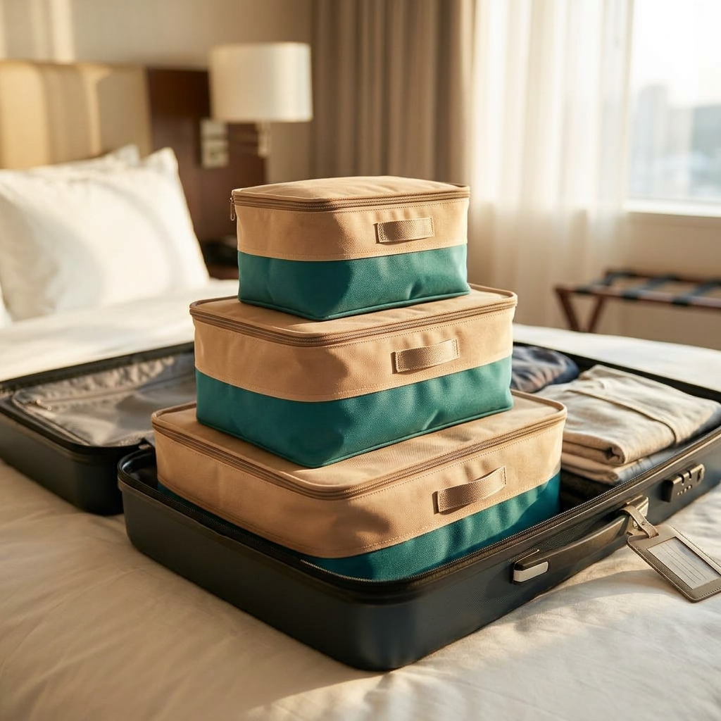 Six-piece teal and sand Compass packing cube set in use while traveling