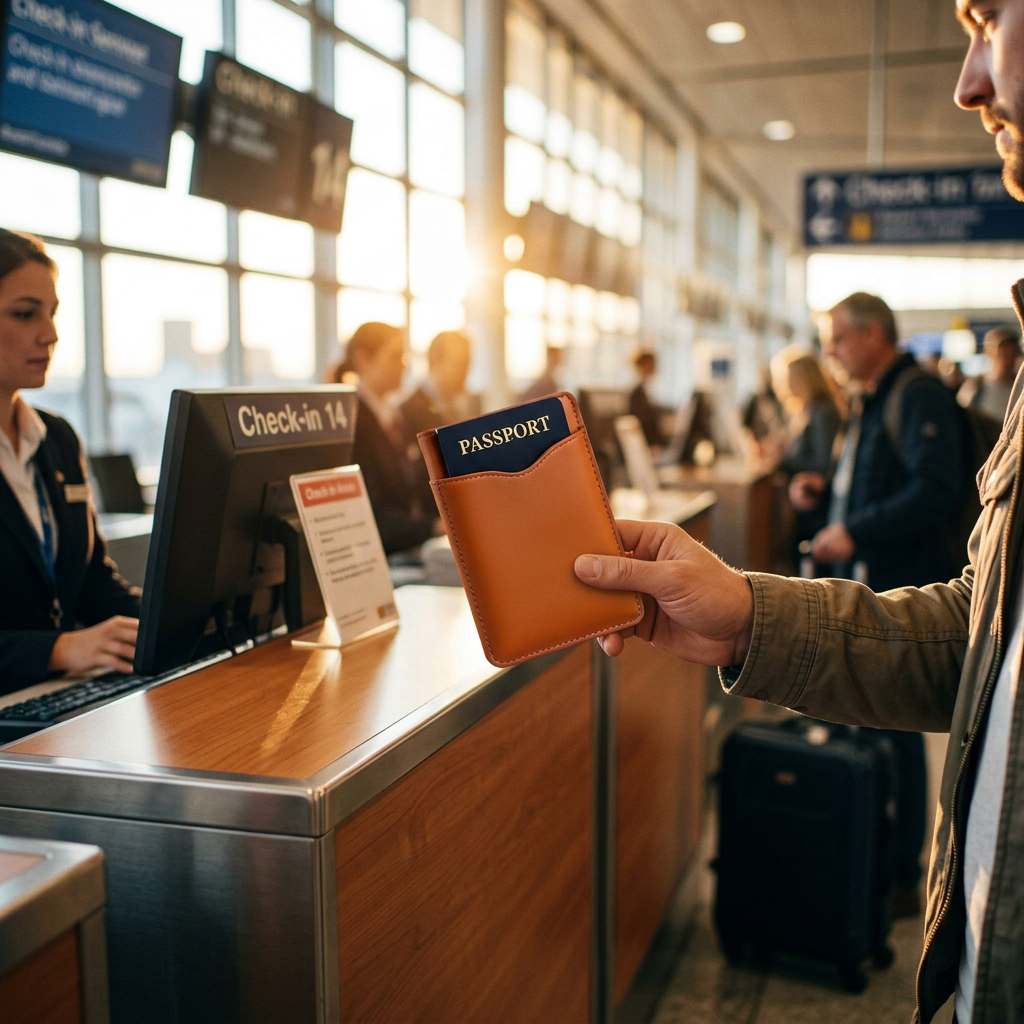 Saddle tan full-grain leather passport holder in use while traveling