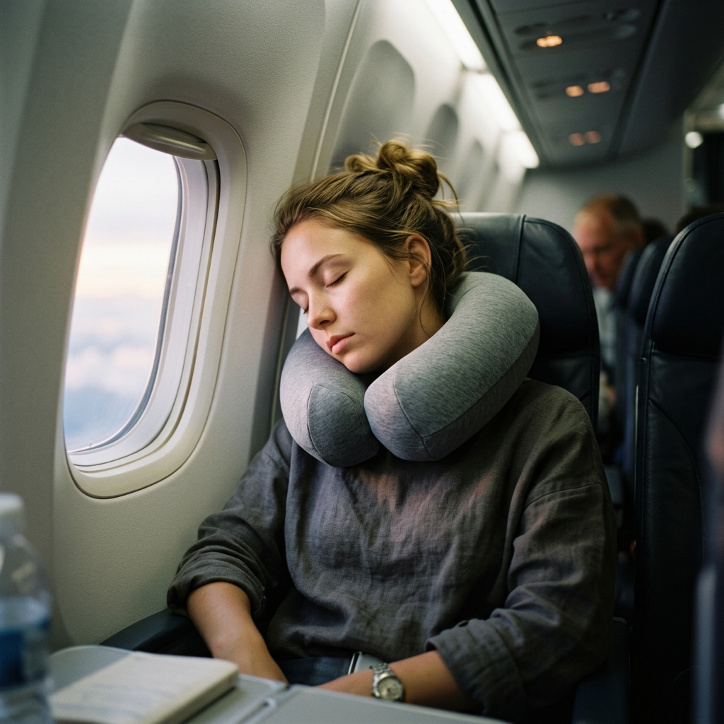 Grey Driftwood memory foam travel neck pillow in use while traveling