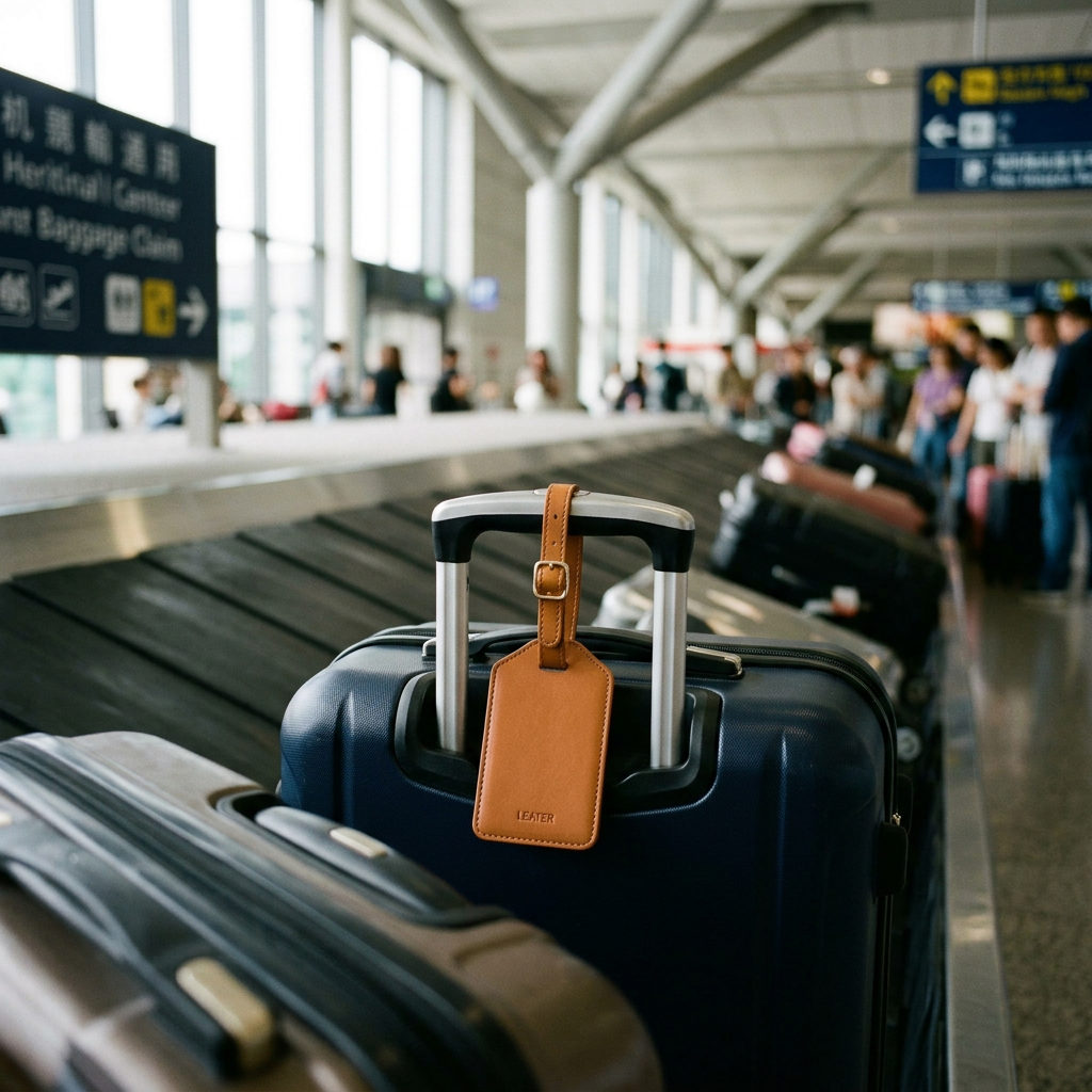 Set of four teal and tan leather luggage tags in use while traveling
