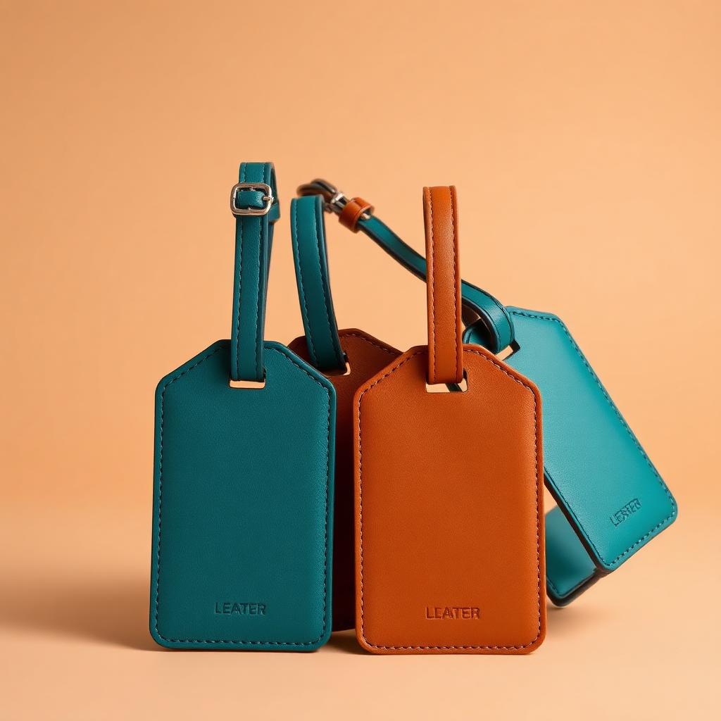 Set of four teal and tan leather luggage tags on a clean studio background