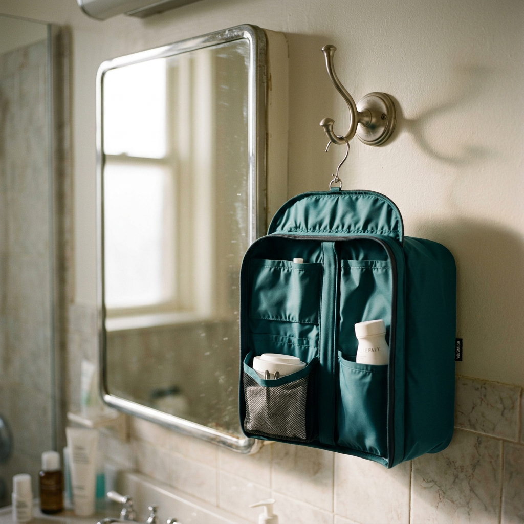 Teal Atlas hanging toiletry bag with open compartments in use while traveling