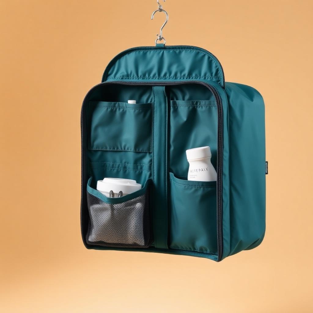 Teal Atlas hanging toiletry bag with open compartments on a clean studio background