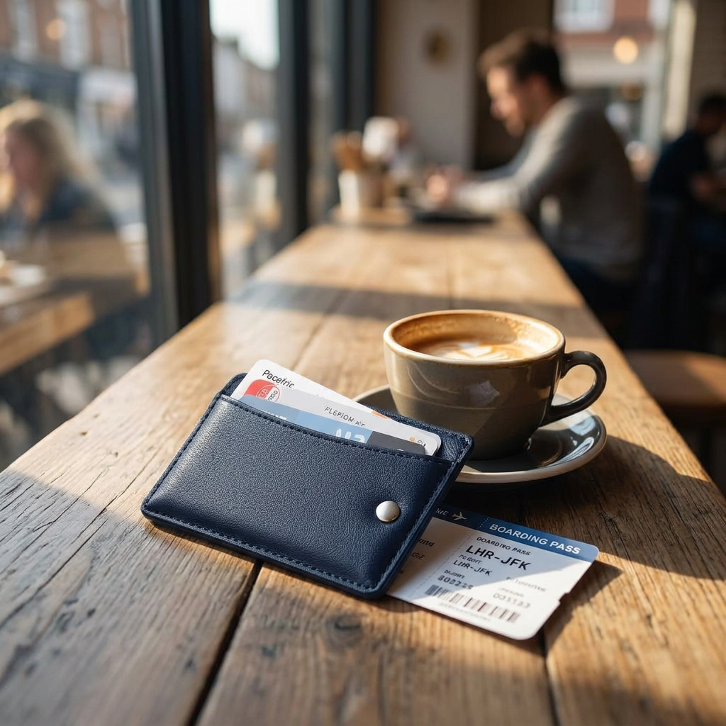 Slim navy Sentry RFID travel wallet with cards in use while traveling